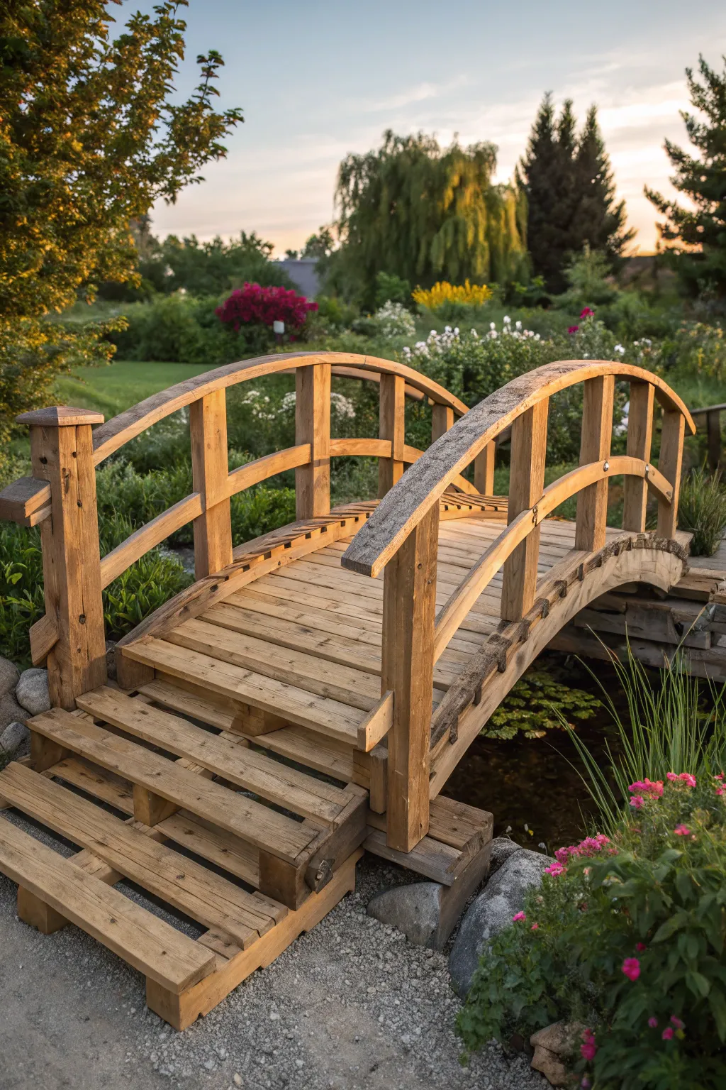Experience the art of craftsmanship with this stunning curved pallet bridge, a perfect blend of innovation and nature.