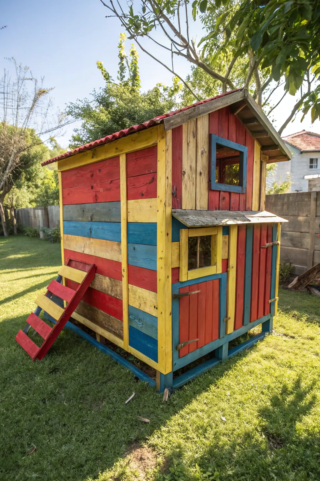 Transform your backyard with this vibrant pallet chicken coop—where creativity meets craftsmanship.