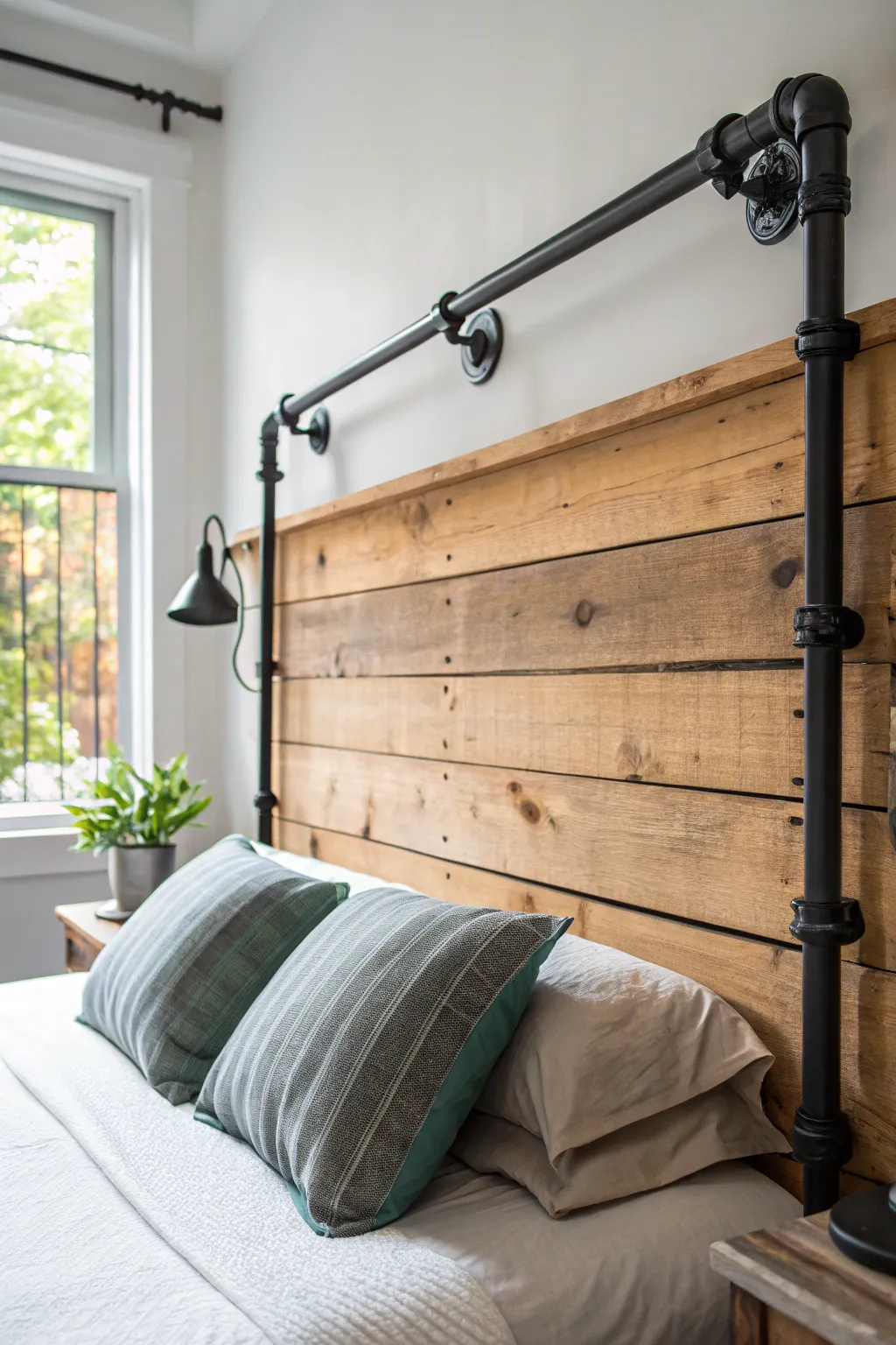 Elevate your bedroom with a stunning pallet wood headboard featuring industrial metal accents for a perfect blend of rustic charm and modern edge.