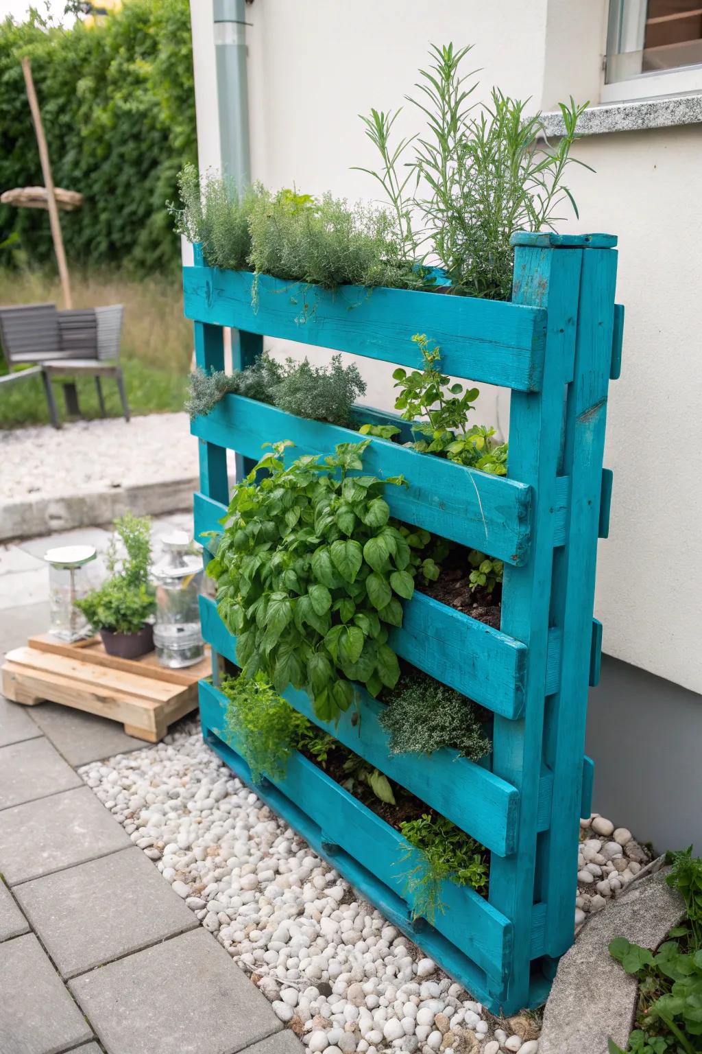 Transform your space with this vibrant teal herb garden—where simplicity meets natural beauty.