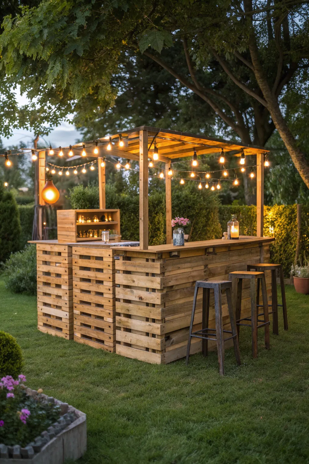 Illuminate your garden gatherings with an eco-friendly pallet bar, beautifully lit by solar lights.