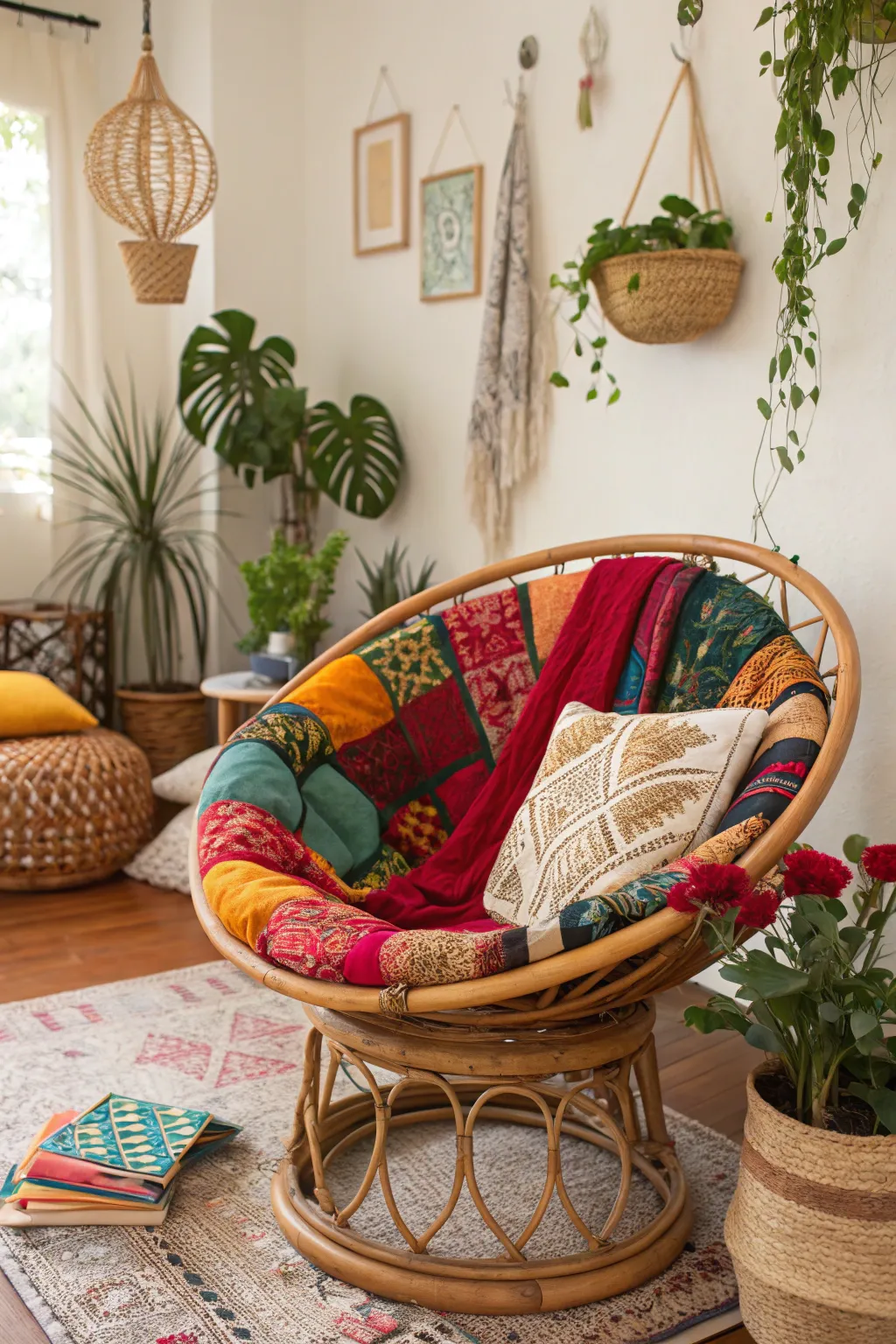 Bohemian vibes with colorful and eclectic decor.
