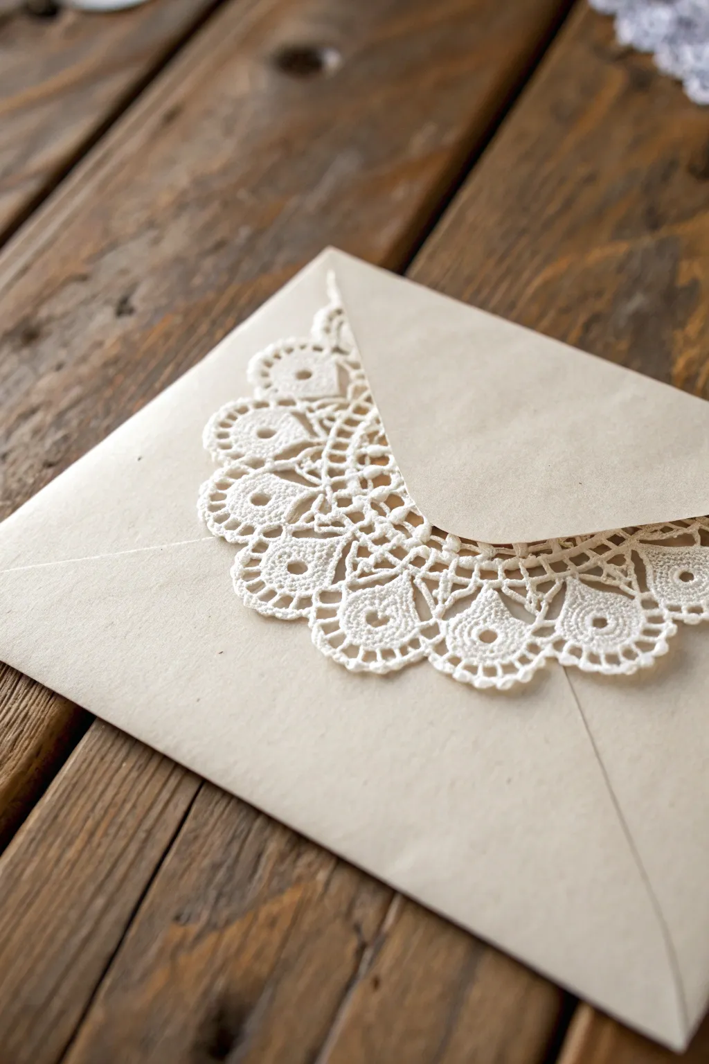Craft elegance with a touch of romance: Doily embellished envelopes for your heartfelt Valentine’s letters.