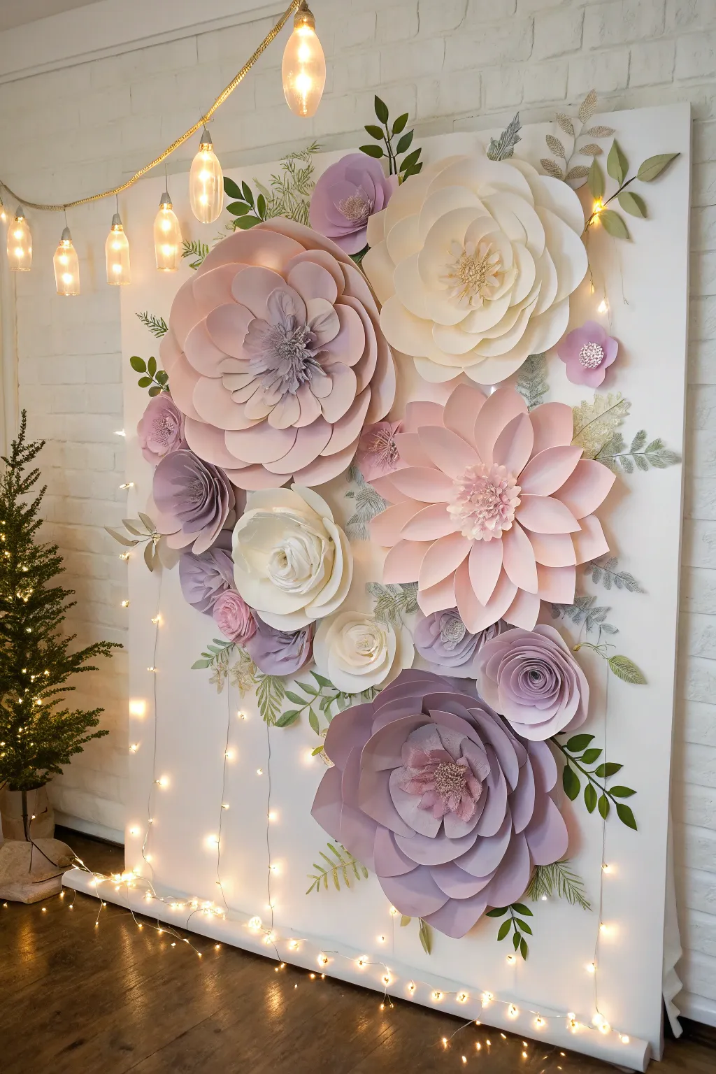 Illuminate your evenings with the enchanting glow of paper flowers and string lights.