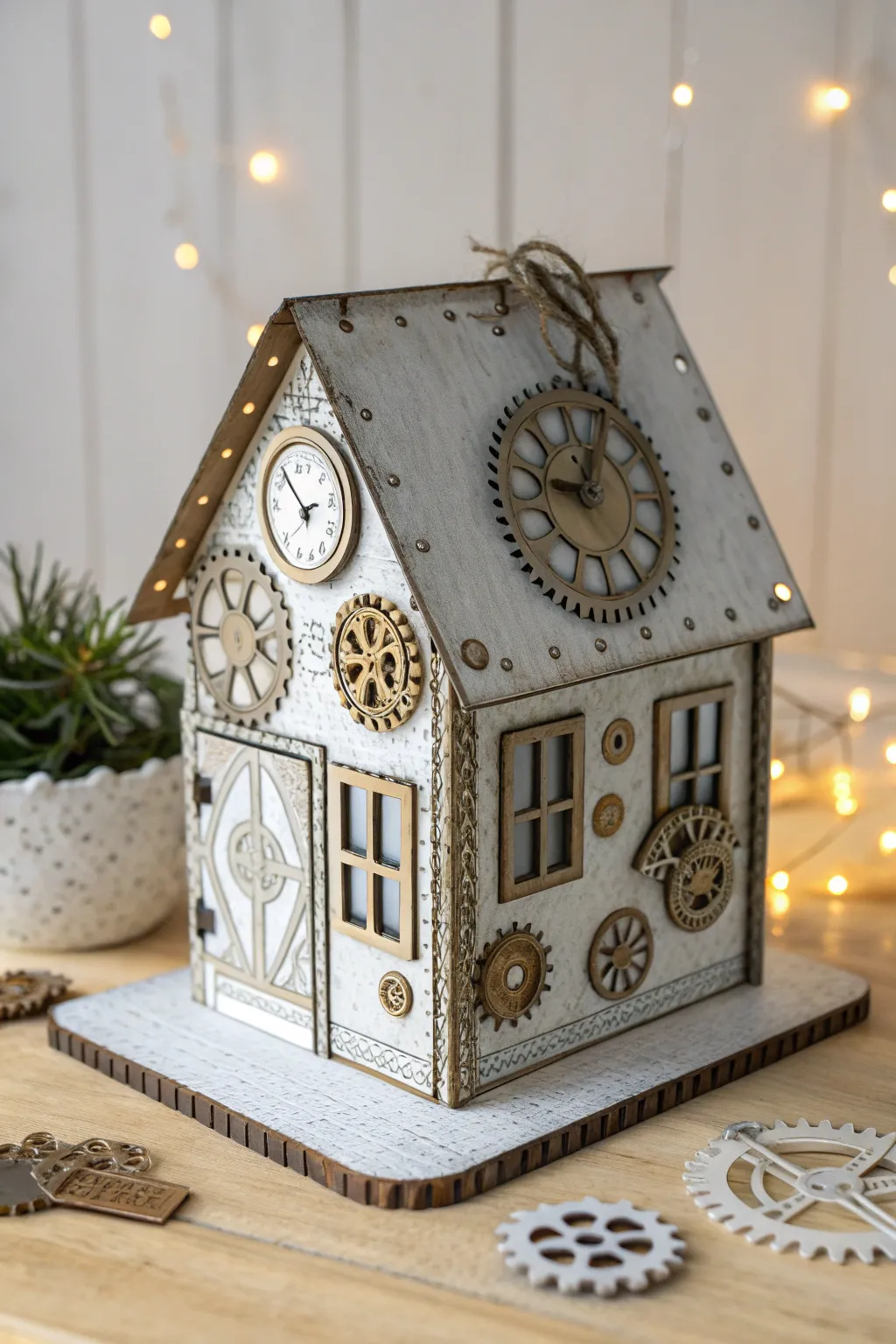 Step into a whimsical world where steampunk meets minimalist elegance with this enchanting paper house design.
