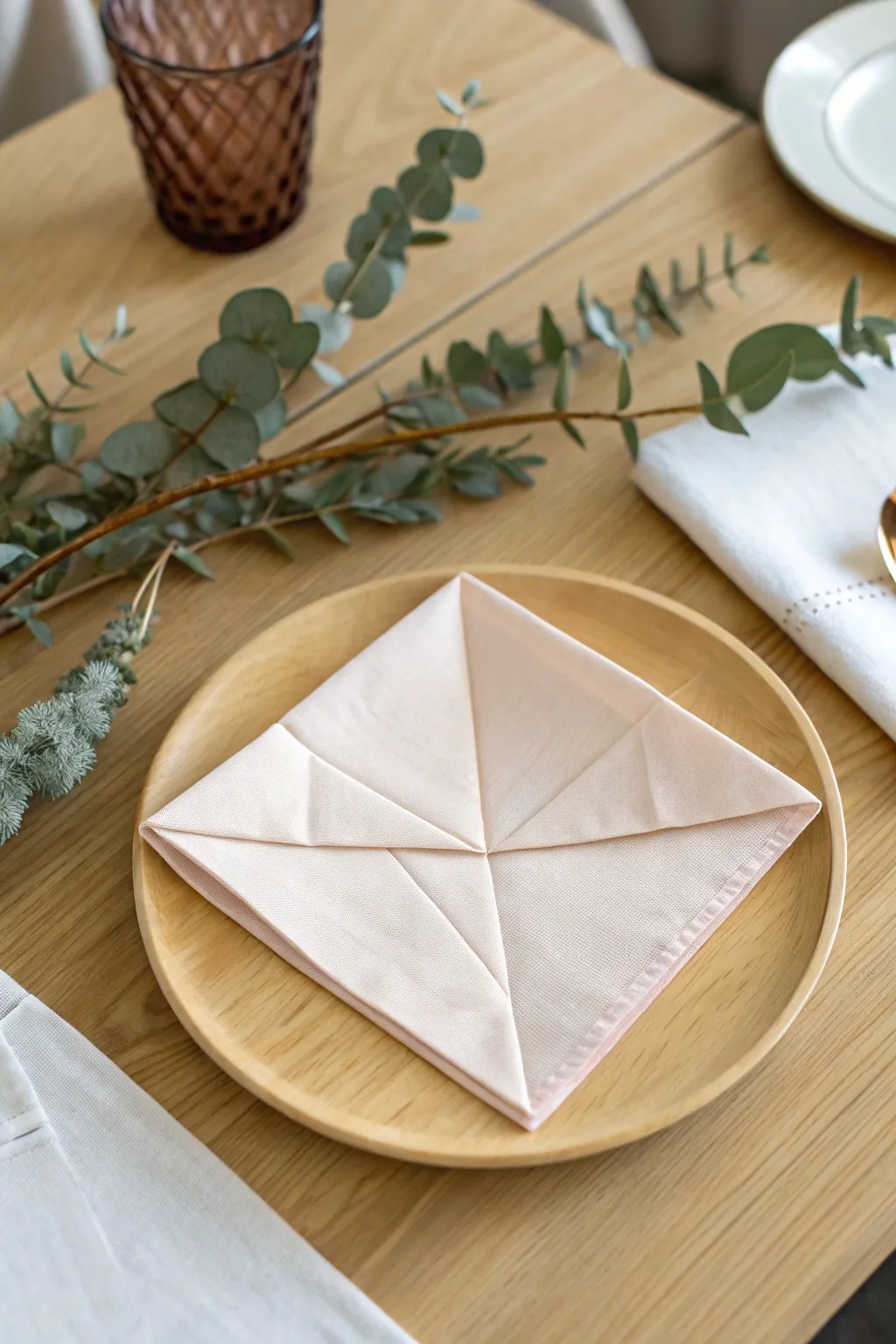 Elevate your table setting with a stunning diamond-fold napkin for a chic, minimalist touch.