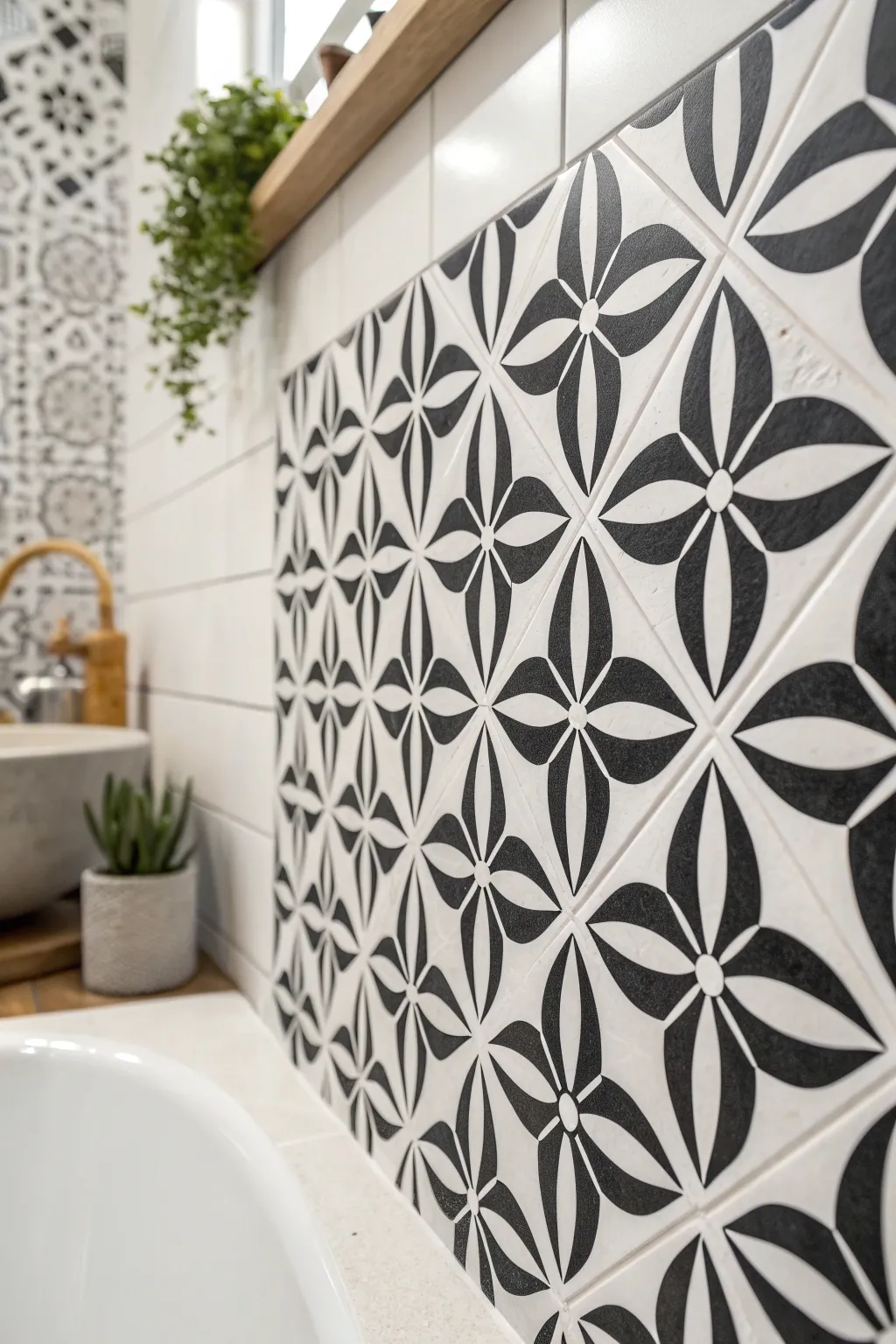 Transform your bathroom with bold black and white tiles for a timeless touch of drama and elegance.