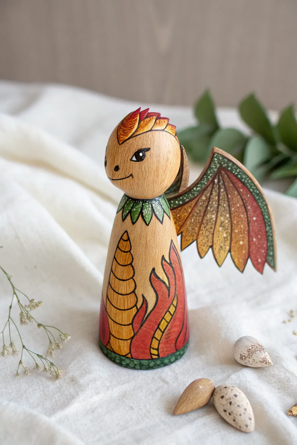 Unleash the magic: handcrafted dragon peg doll with shimmering wings.