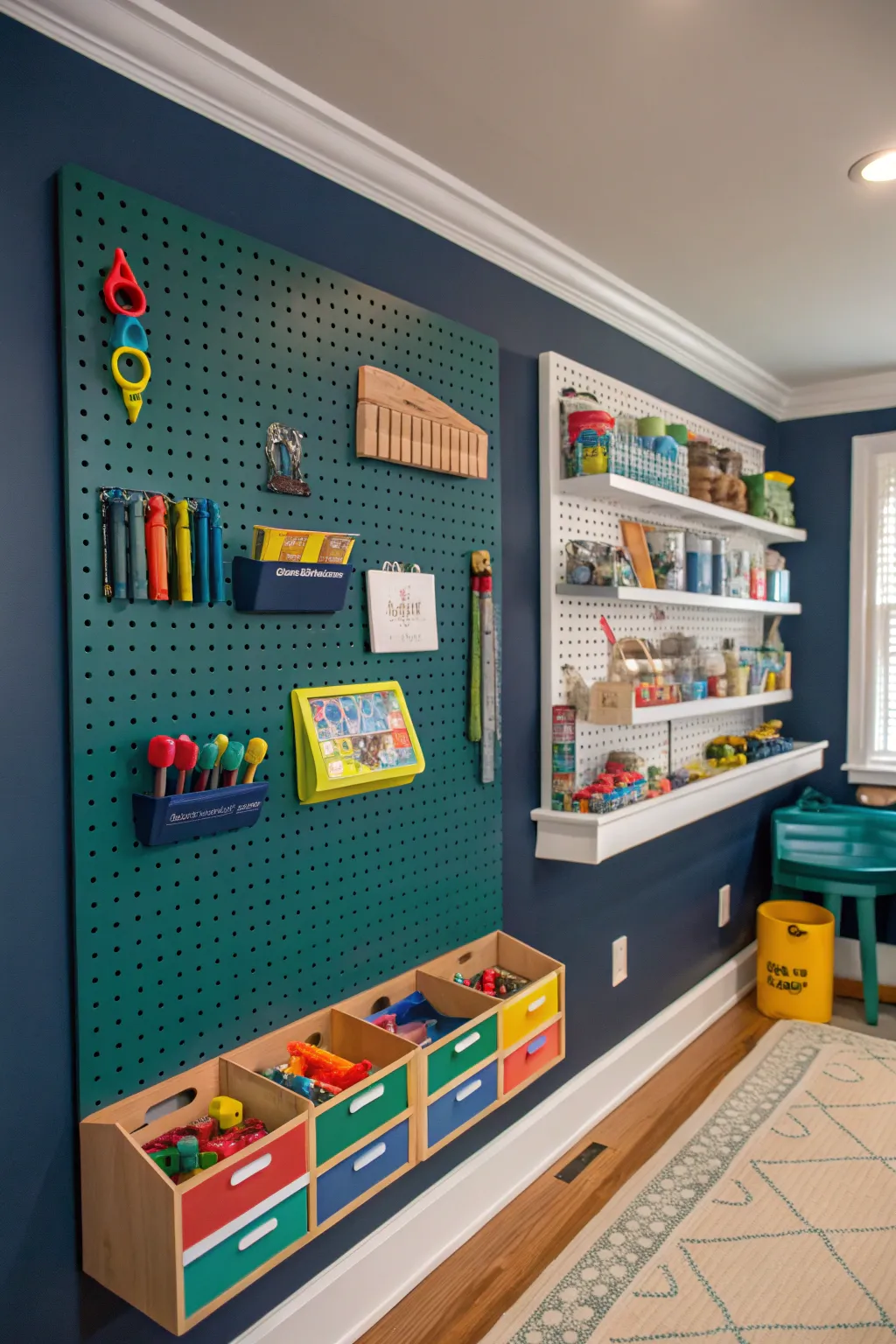 Transform chaos into creativity with a striking pegboard organizer in your kids' room.