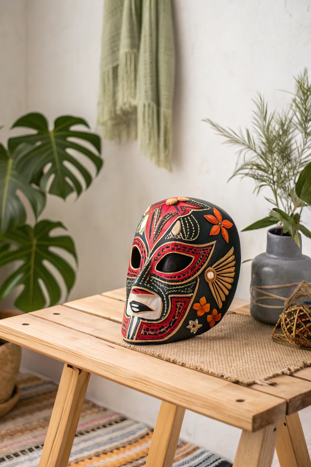 Embrace the vibrant spirit of Mexican folk art with this stunning handcrafted mask. Perfectly blending bold colors with minimalist elegance.