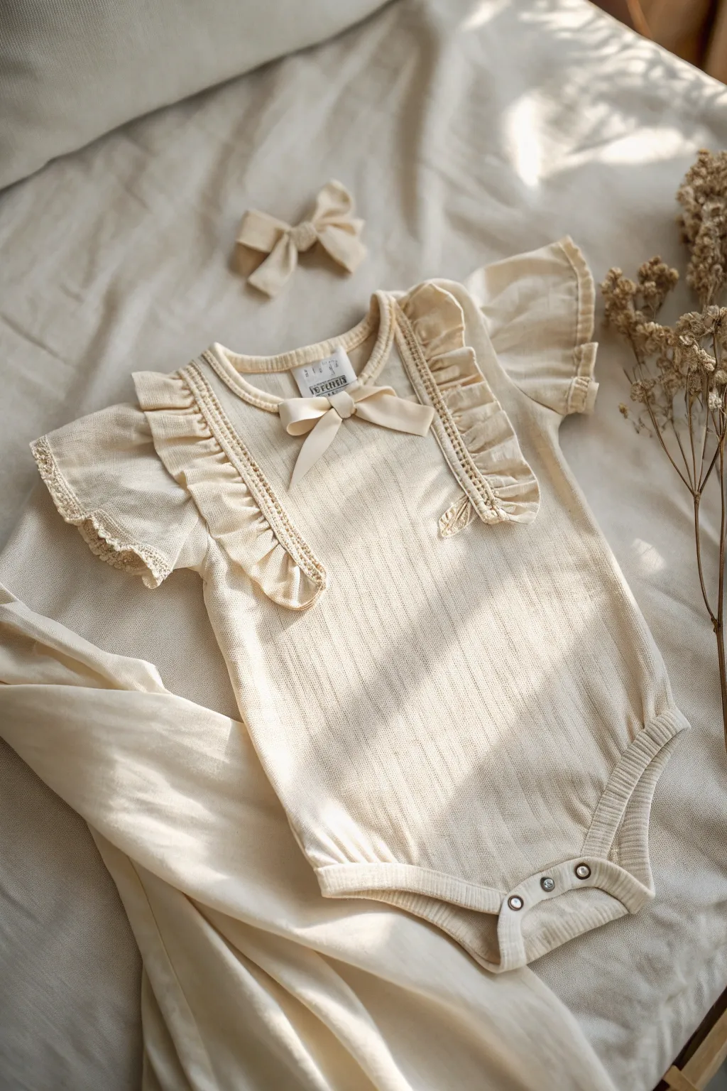Charming simplicity meets hand-crafted elegance: a onesie that celebrates natural beauty.