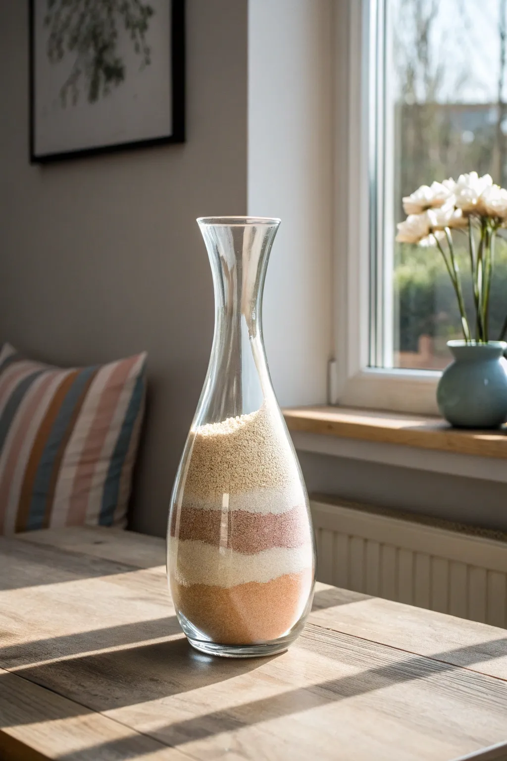 Elevate your photo booth with a touch of elegance: A glass vase filled with colorful sand, perfect for displaying props with style.