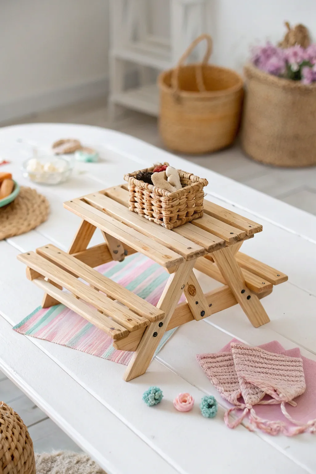 Delight in the charm of simplicity with this handcrafted popsicle stick picnic table for imaginative play.