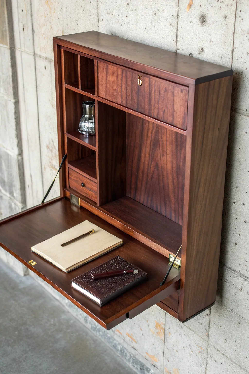 Elevate your small space with a striking wall-mounted desk, where craftsmanship meets functionality.