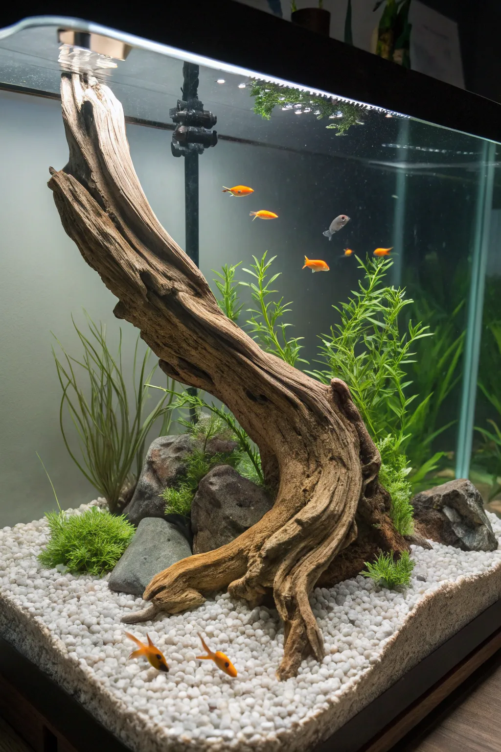 Driftwood Drama: Elevate your goldfish tank with artfully placed driftwood for a serene, natural retreat.