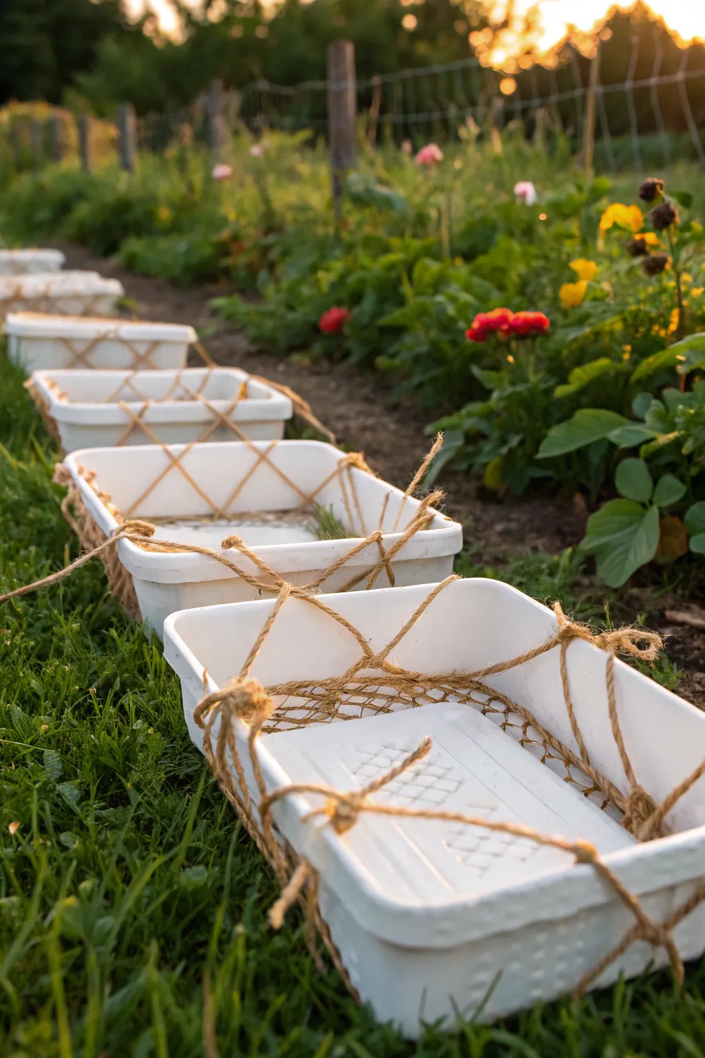 Transform everyday items into a chic garden solution with this minimalist temporary fence idea.