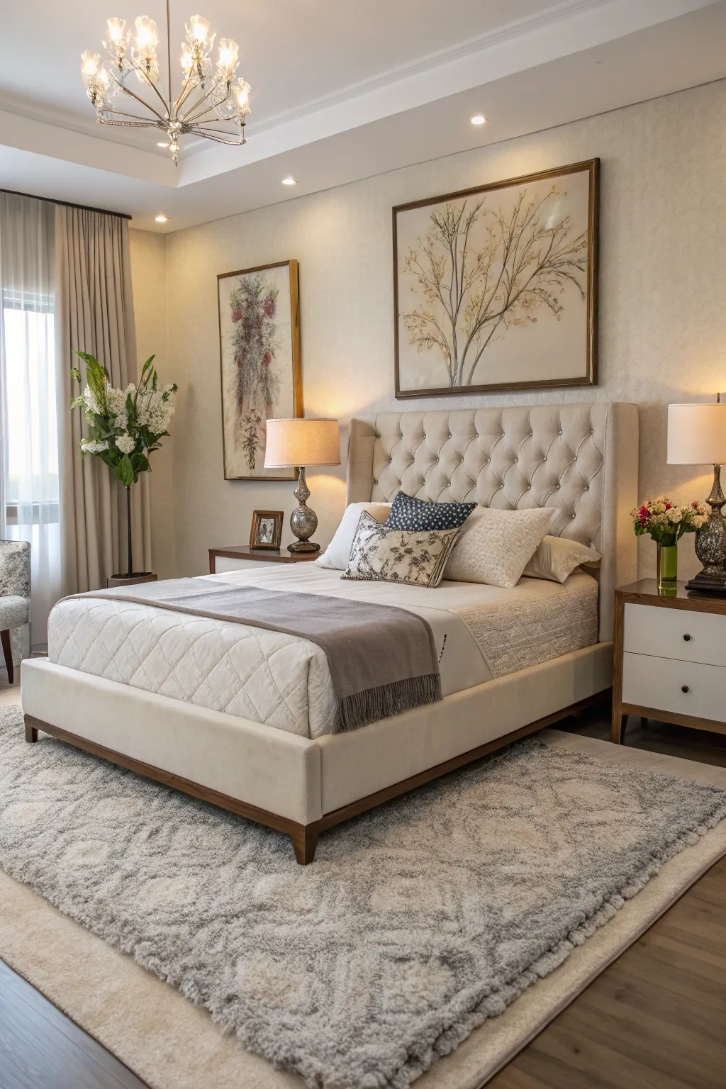 Artistic elements complementing platform bed design for a personal touch.