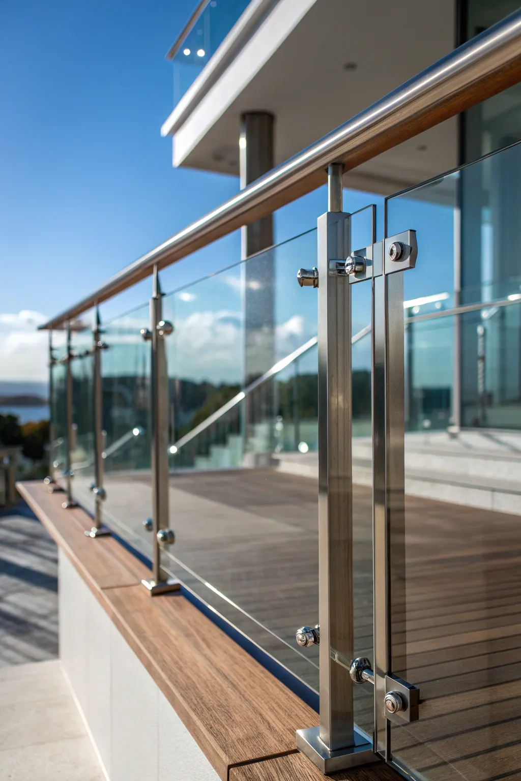 Elevate your deck with the industrial elegance of plexiglass and metal accents.