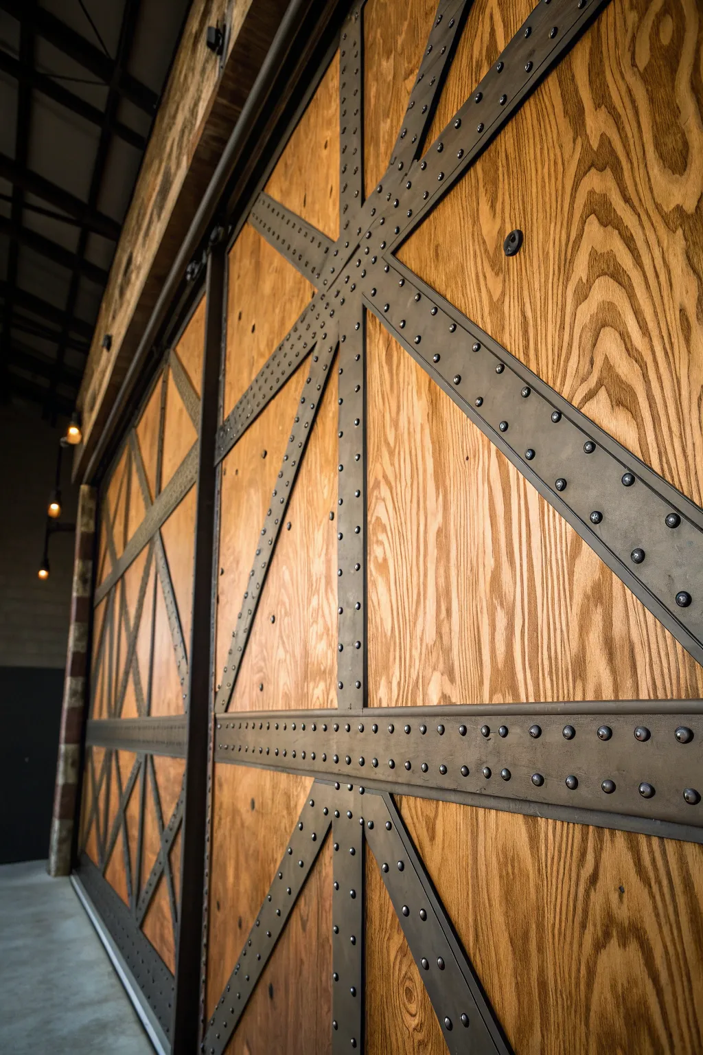 Elevate your garage with industrial chic: the perfect blend of plywood warmth and metal edge.