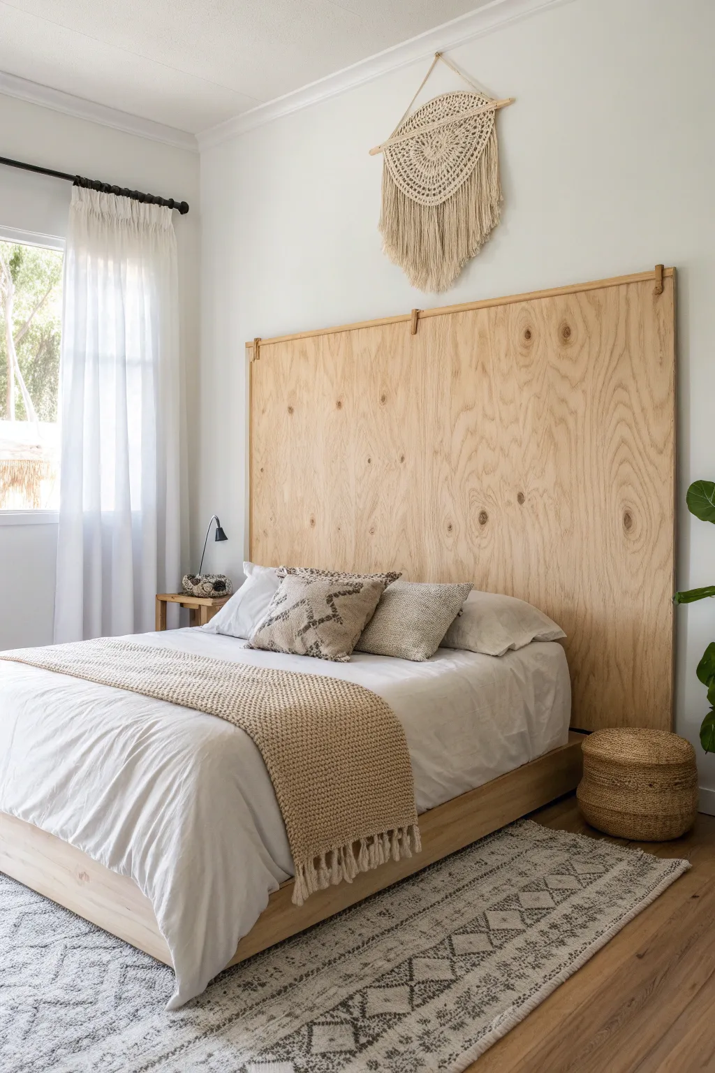 Transform your bedroom into a serene sanctuary with this stunning plywood headboard, where simplicity meets natural elegance.