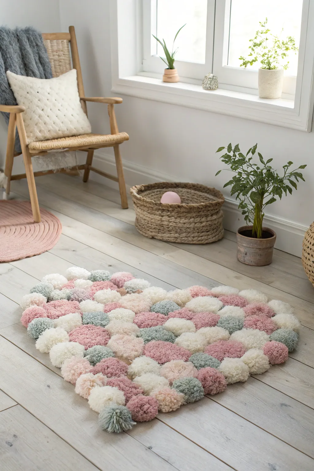 Add a touch of love and warmth to your space with a handcrafted heart-shaped pom pom rug. Perfect for cozying up any room!