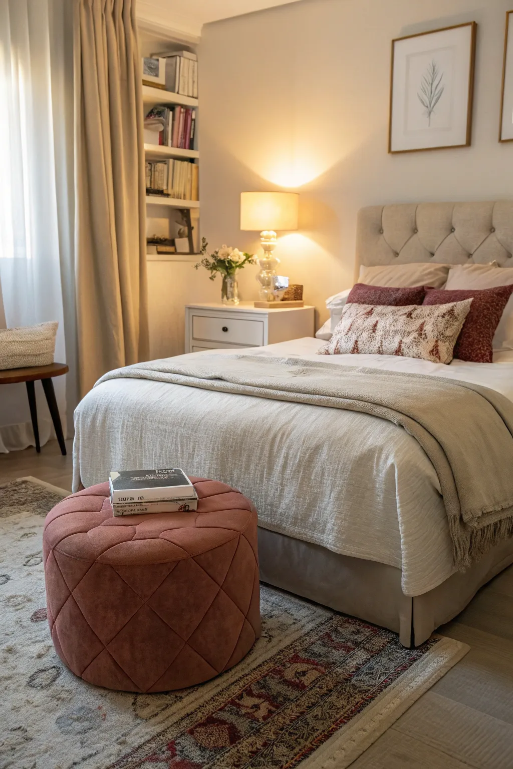 A poof adds style and function at the foot of the bed.