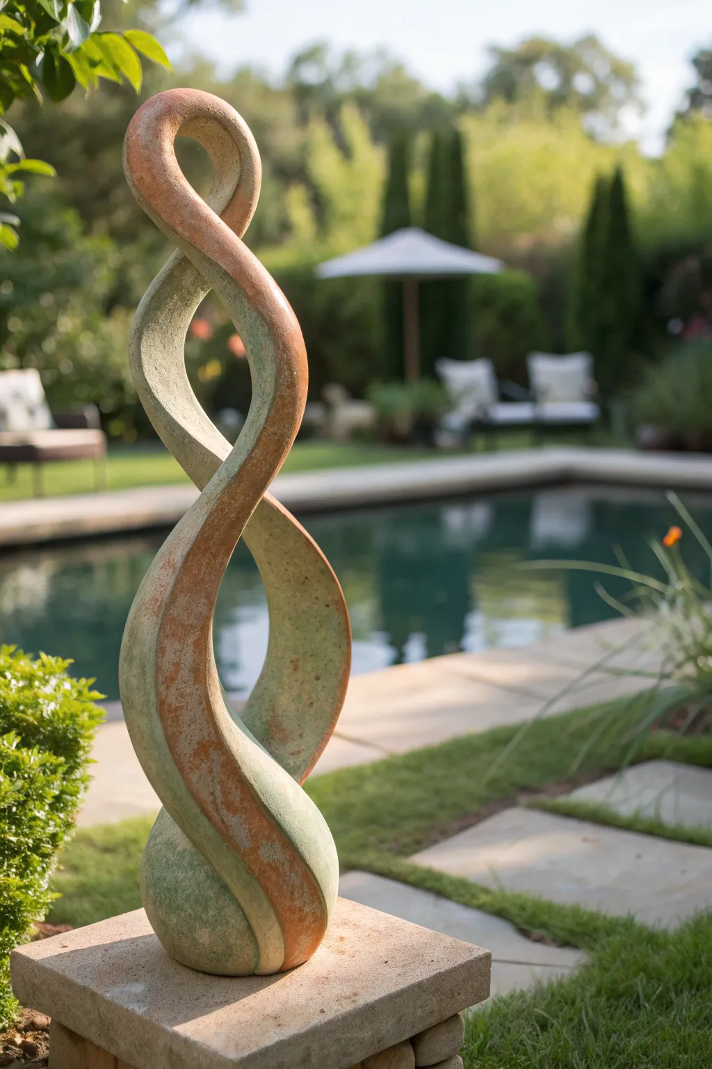 Transform your garden with minimalist elegance using creatively sculpted pool noodles as modern art.