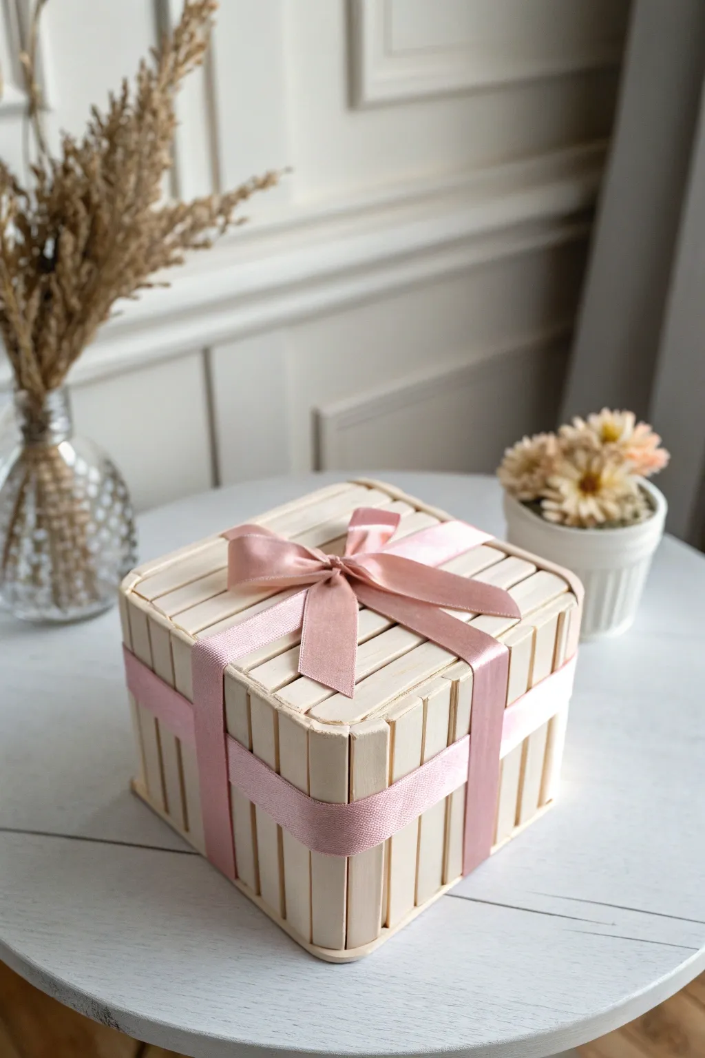 Delight in the charm of handmade elegance with these popsicle stick gift boxes, perfect for adding a touch of whimsy to your holiday decor.