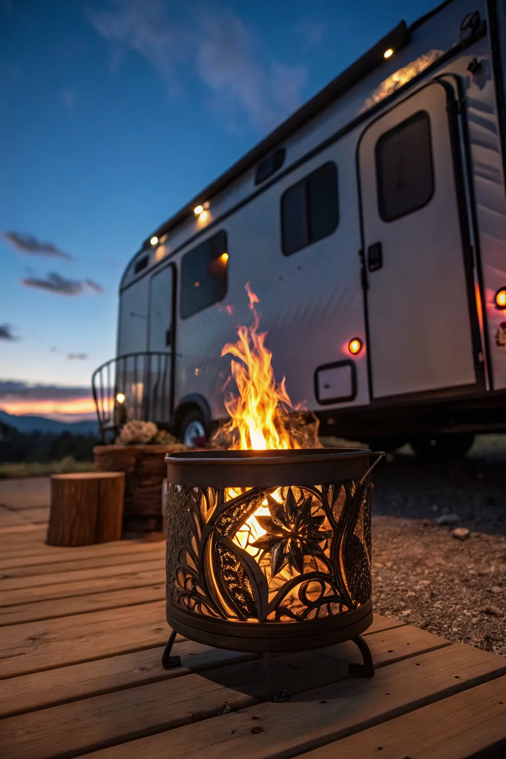 Ignite your evening with this artfully crafted portable fire pit, perfect for creating cozy gatherings on your RV adventures.