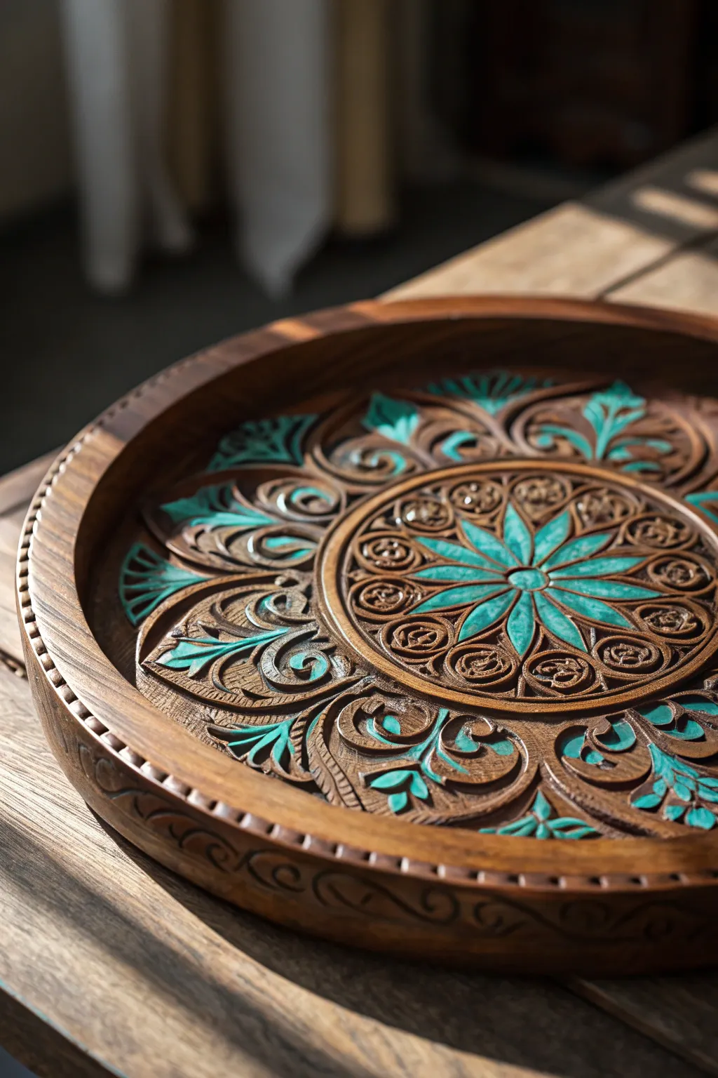 Elevate your space with this intricately carved decorative platter, where art meets utility.