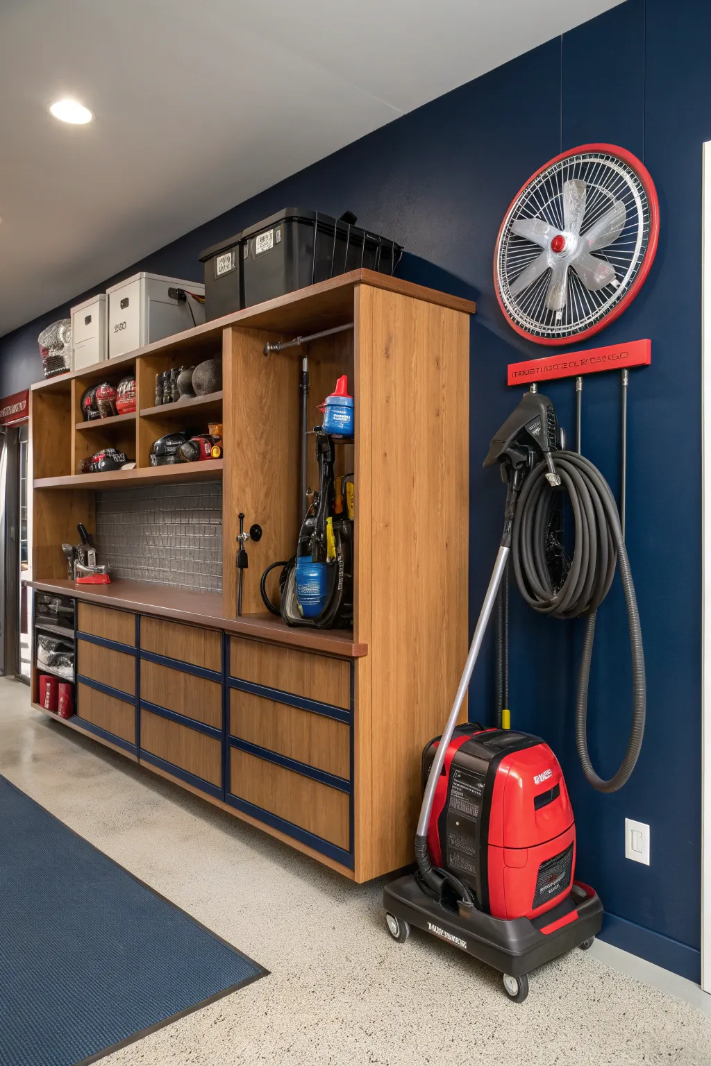 Master the art of organization with this bold and efficient pressure washer setup.