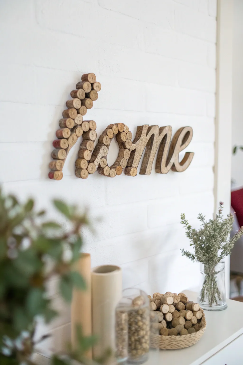 Transform wine corks into a warm and inviting 'Home' sign with a touch of Scandinavian minimalist elegance.