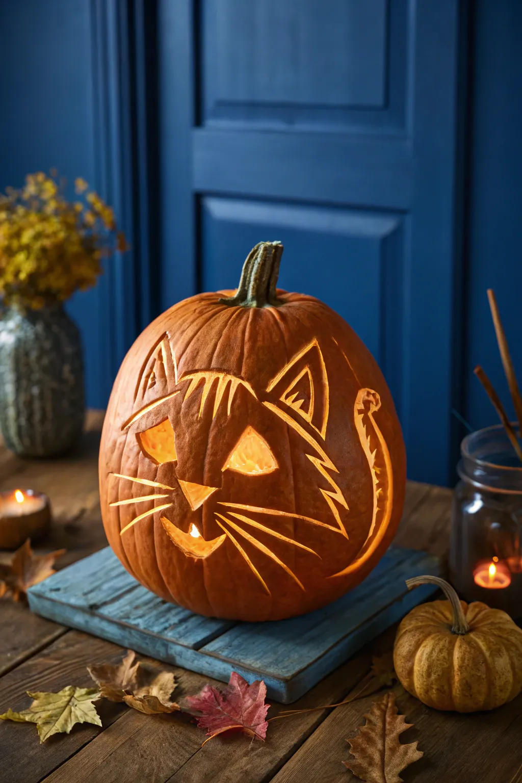 Masterful Craft: A Feline Tribute Carved in Pumpkin Perfection.