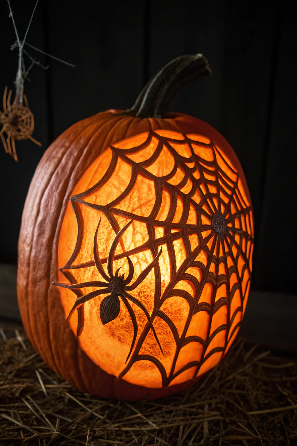 Master the art of pumpkin carving with this intricate spider design, perfect for showcasing your skills.