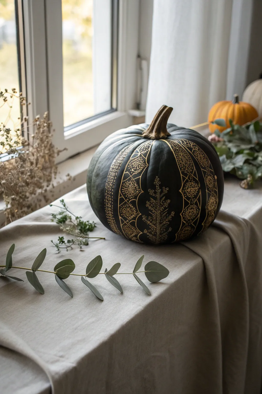 Gothic Glamour: Elevate your Halloween decor with this elegantly carved pumpkin masterpiece.