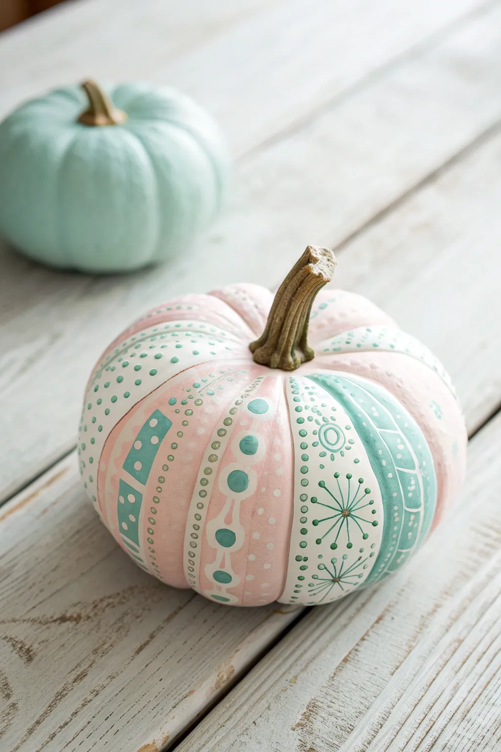 Embrace the charm of soft pastels with this beautifully painted pumpkin, perfect for a serene nursery vibe.