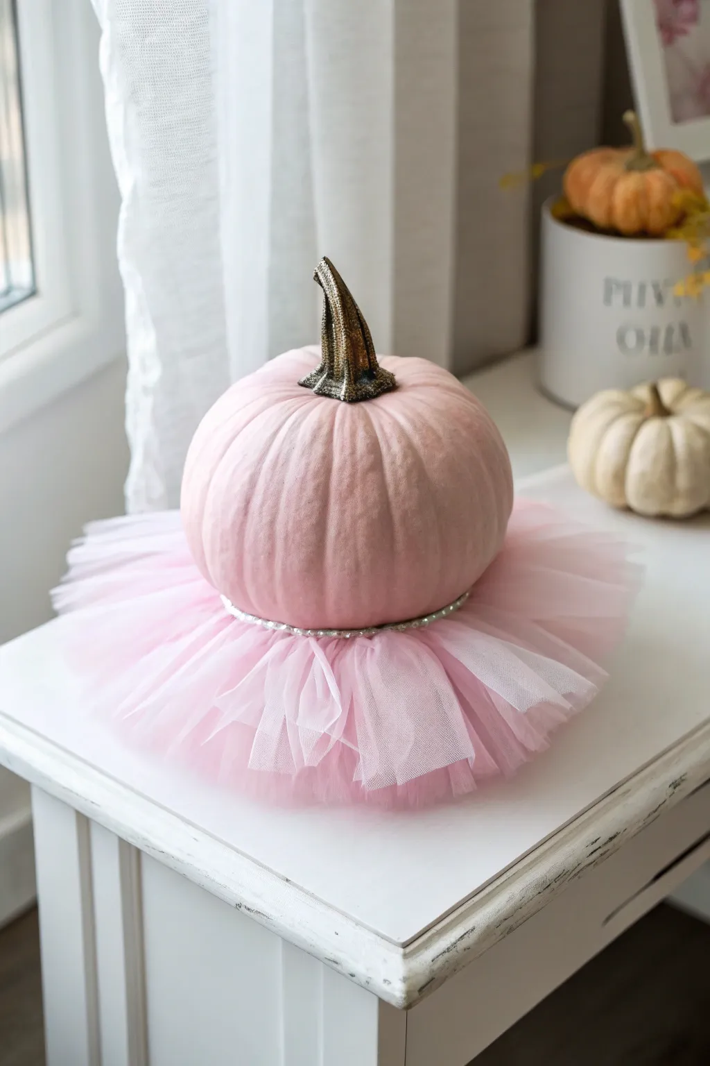 Elegance in Pink: A pumpkin with a ballerina twist, perfect for graceful design lovers.