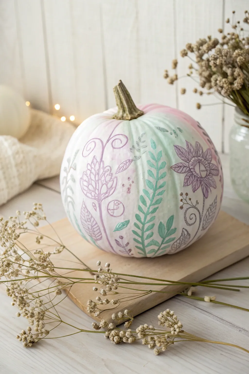 Embrace the whimsical charm of fall with pastel-painted pumpkins, where simplicity meets elegance.