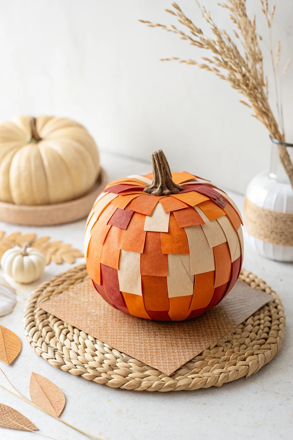 Embrace autumn's charm with a touch of artistry: a patchwork pumpkin masterpiece that blends minimalist elegance with bohemian flair.