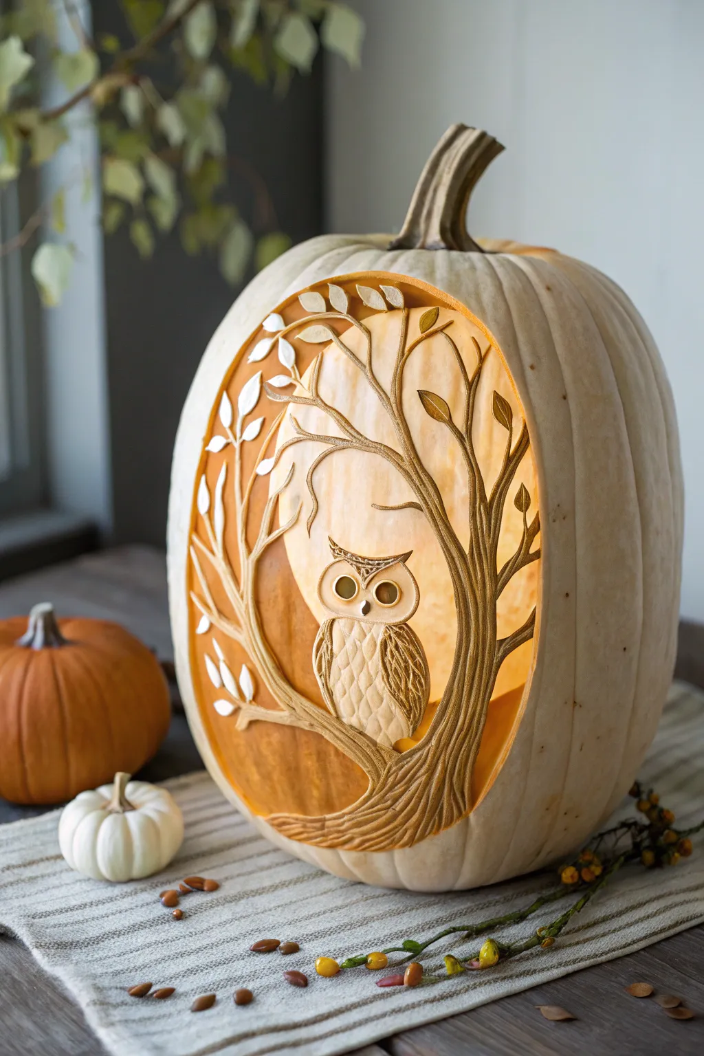 Embrace the wisdom of the Watchful Owl this Halloween with a minimalist, elegantly carved pumpkin.