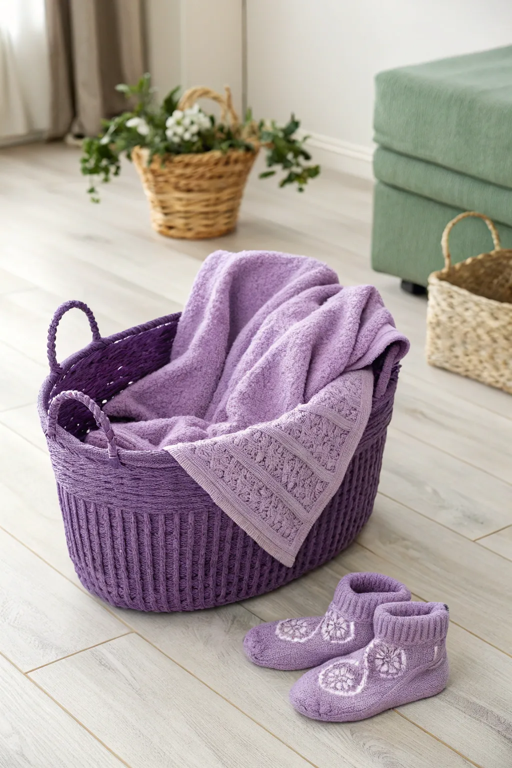 Embrace cozy comfort with this charming purple basket ensemble, perfect for a relaxing evening in.