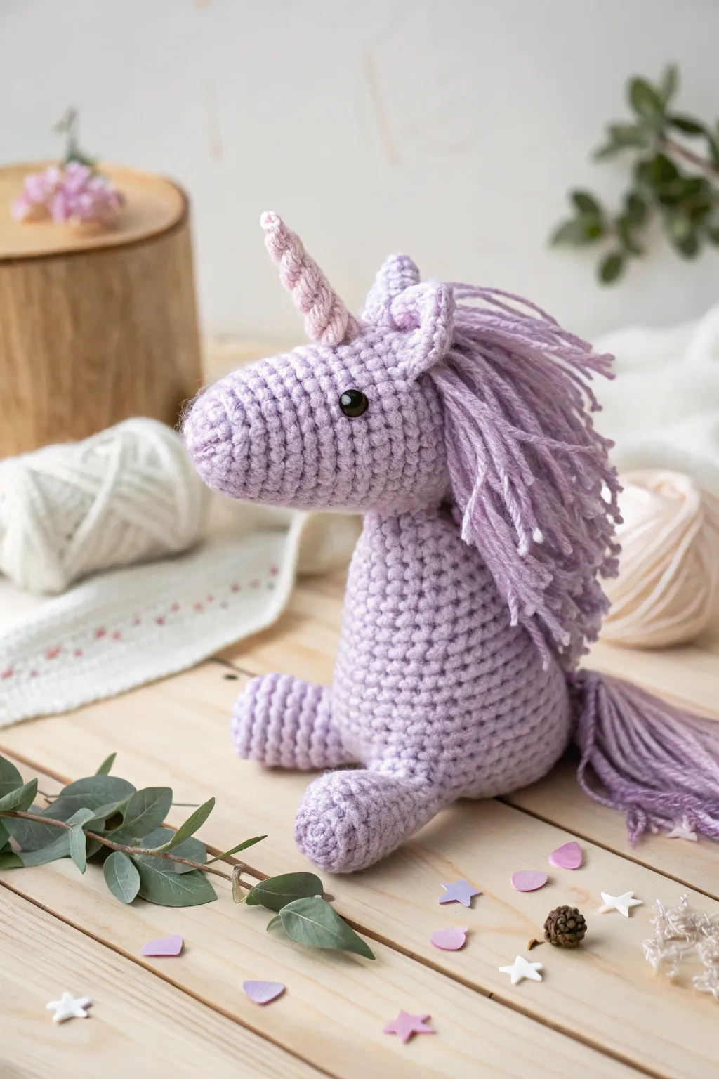 Enchant your space with the charm of a handmade purple unicorn plushie!