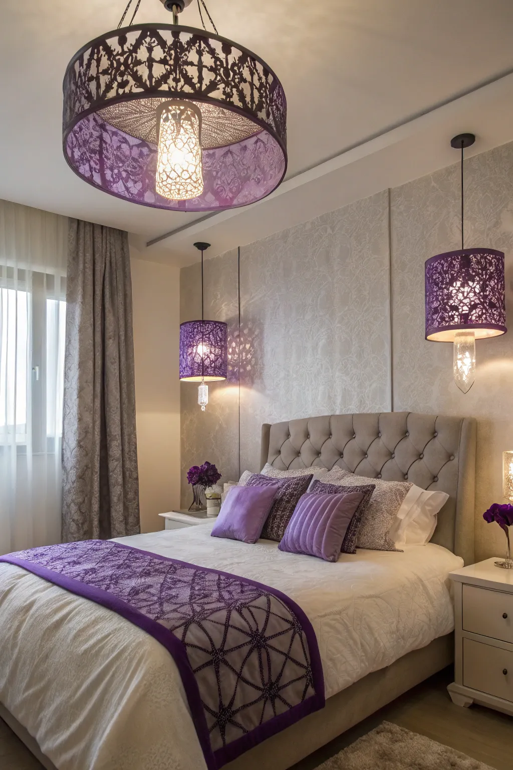 Purple-accented lighting fixtures introduce elegance subtly.