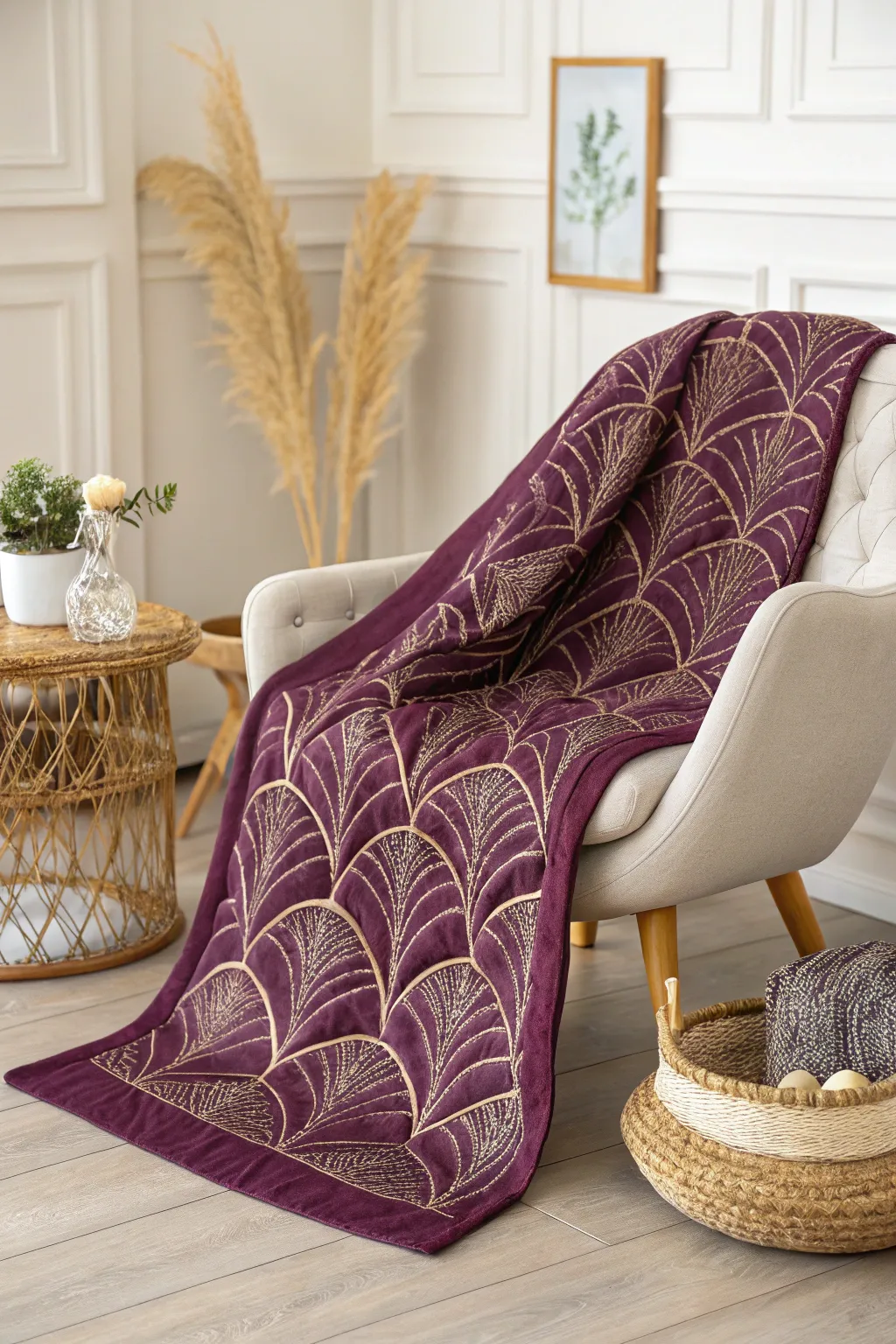 Elevate your space with the timeless elegance of art deco. Discover the allure of deep purples and metallic accents in this stunning quilt design.