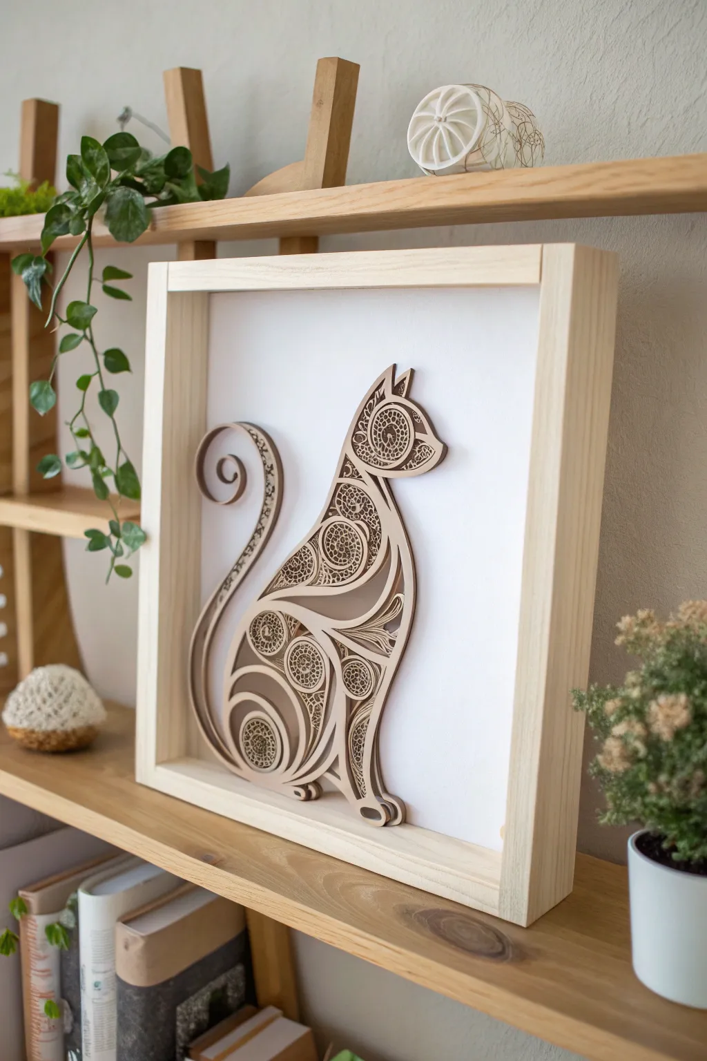 Embrace the art of simplicity with this charming quilled cat silhouette, a perfect blend of Scandinavian minimalism and Boho charm.
