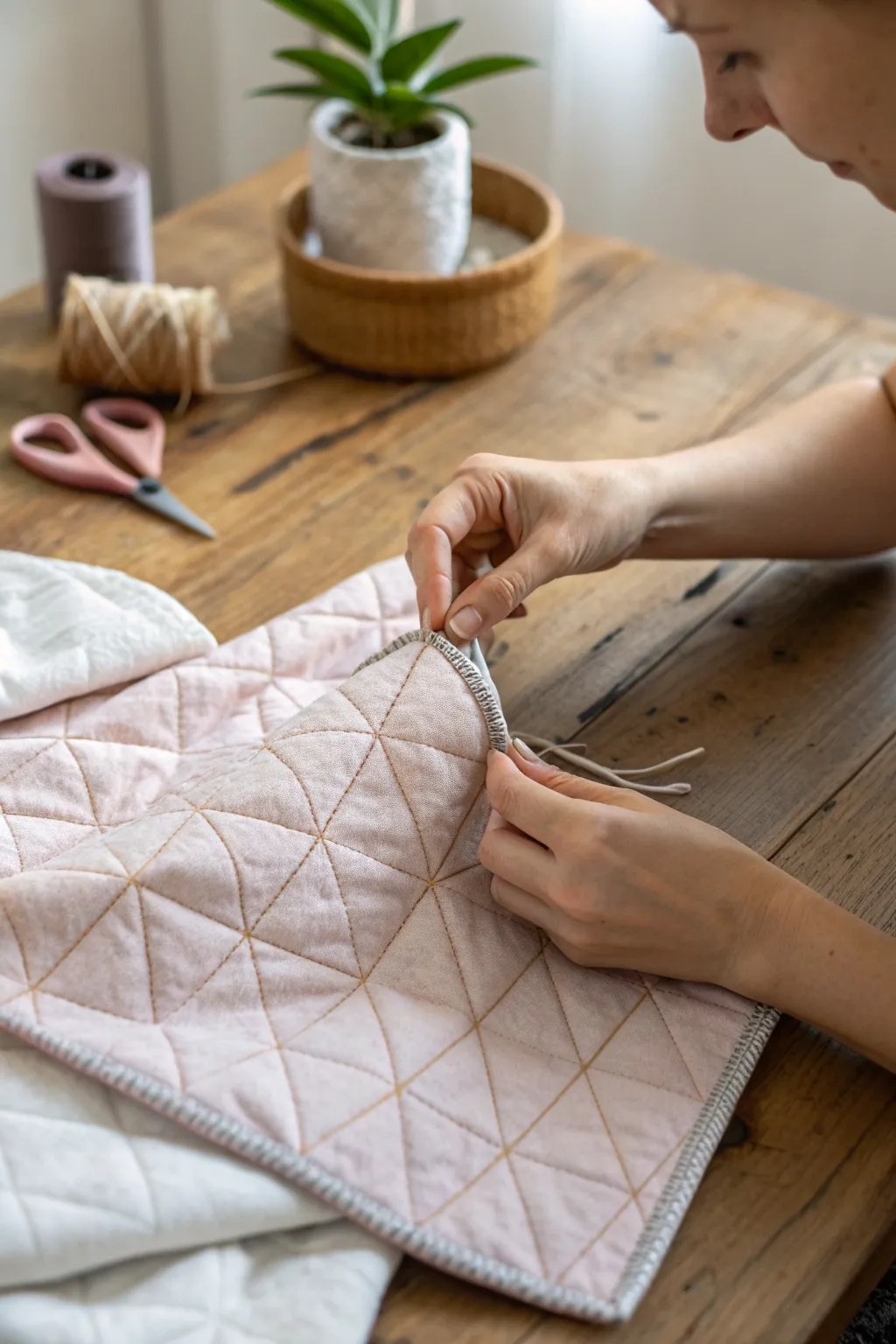 Embrace the art of quilt-making with elegant bias binding, where every curve and edge tells a story of craftsmanship and grace.