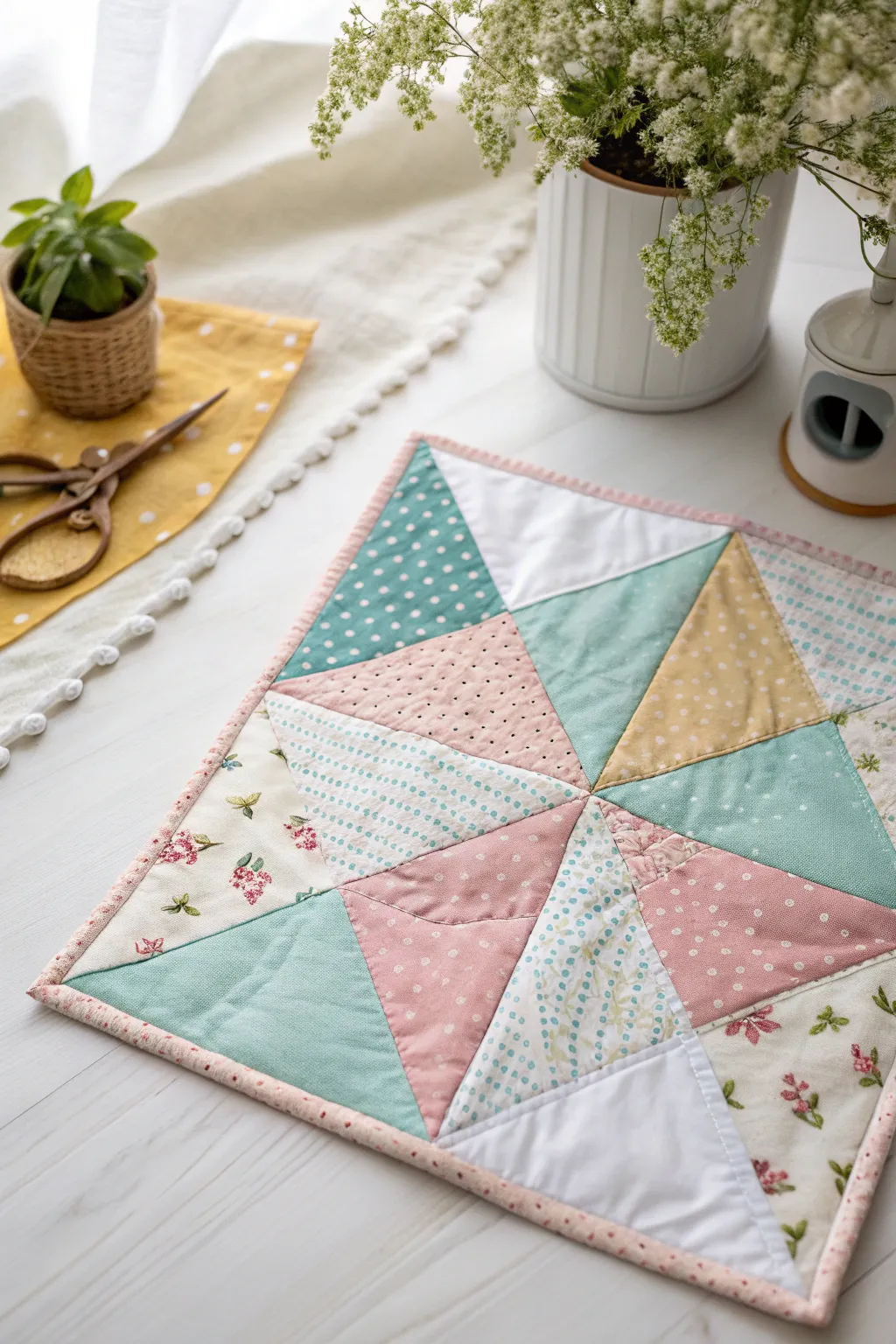 Whirl into wonder with this charming pinwheel quilt block, where bright fabrics meet minimalist elegance.