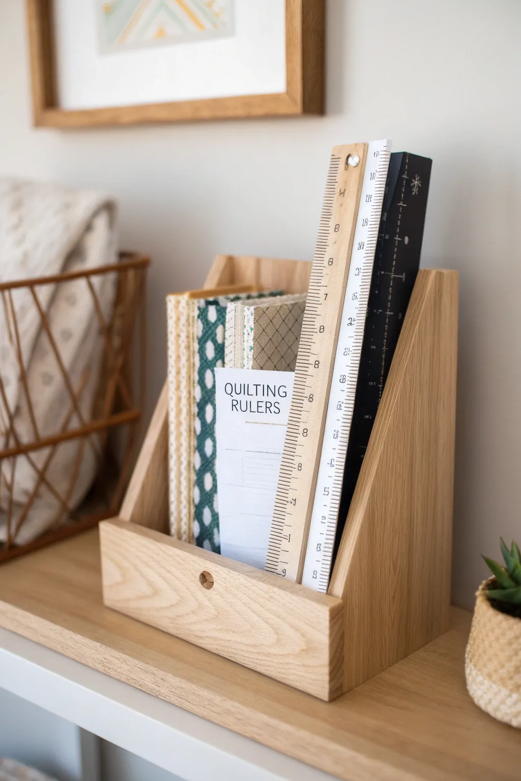 Streamline your quilting space with stylish magazine file holders for ruler organization.