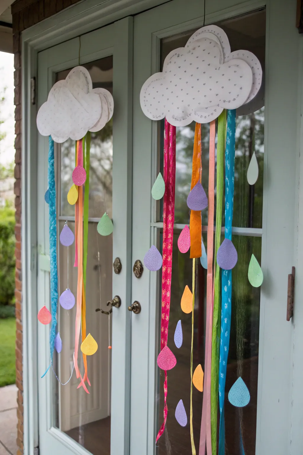 Whimsical clouds and raindrops add charm.