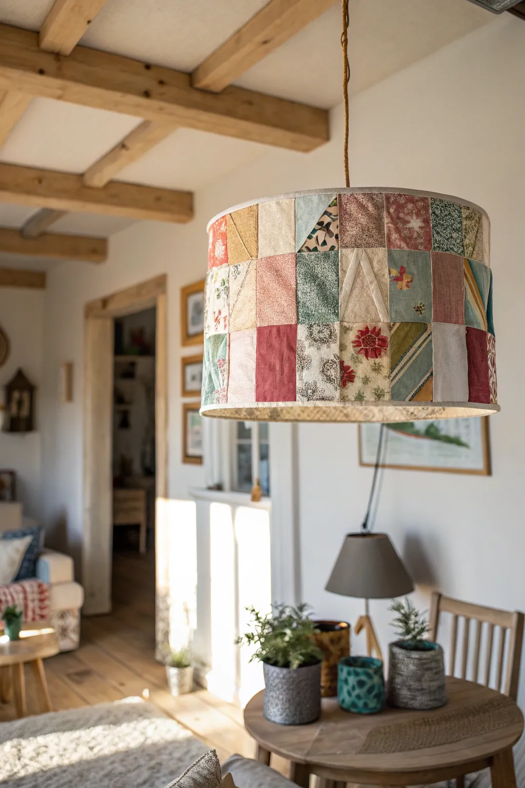 Illuminate your space with eco-friendly elegance: a recycled fabric scrap lampshade that brings warmth and personality to any room.